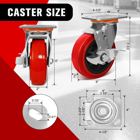 Industrial Grade 6x2 Polyurethane Casters, Set Of 4, 5000 Lb Capacity, Polypropylene Wheel shown in size diagram.