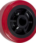 Close-up of 6 inch x 2 inch polyurethane non marking heavy duty swivel caster with red industrial wheel.