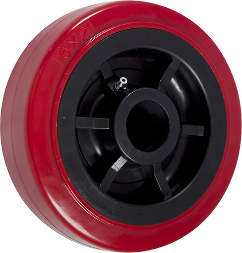 Close-up of 6 inch x 2 inch polyurethane non marking heavy duty swivel caster with red industrial wheel.