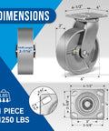 Heavy Duty 6x2 Caster Wheels Set Of Four With Steel Cast Iron Hub Galvanized Wheels And Zinc Plated Yoke Up To 5000 Lb Capacity Swivel Caster Set For Tool Boxes And Workbenches Industrial Grade Mobility, with dimensions and load capacity details.
