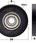 6x34x6mm Polyurethane Pulley Wheel Roller Bearing w. 34mm Black Tire - VXB Ball Bearings
