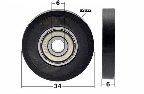 6x34x6mm Polyurethane Pulley Wheel Roller Bearing w. 34mm Black Tire - VXB Ball Bearings