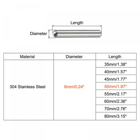 Diagram showing dimensions of 6mm X 50mm Stainless Shelf Pins 10 Pack With 304 Stainless Steel Dowel Pins