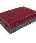 Stack of 6x9 Automotive Scuff Pads 8 Pack Wet Dry Reusable For Paint Prep And Sanding in red and grey, non-woven material.