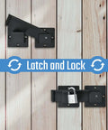 7.5 Inch Flip Gate Latch Lock With Padlock Holes, Heavy Duty Aluminum Alloy Door Latch, shown installed on wooden fence