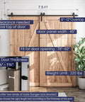 7.5 Feet Bypass Sliding Barn Door Hardware Kit for Double Wooden Doors with measurements displayed on image