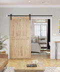 Installed 7.5ft Barn Door Hardware Kit with I shape hanger, carbon steel track, and nylon rollers on wooden door for 42-45 inch panels.