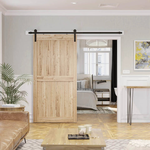 Installed 7.5ft Barn Door Hardware Kit with I shape hanger, carbon steel track, and nylon rollers on wooden door for 42-45 inch panels.