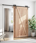 7.5 Feet Bypass Sliding Barn Door Hardware Kit for Double Wooden Doors with Single Track installed on a wooden door in a living room