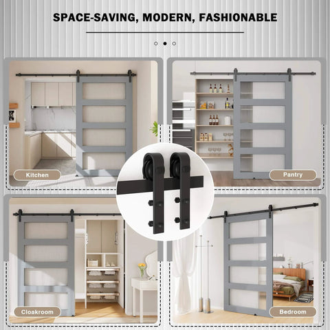 Interior views of kitchen, pantry, cloakroom, and bedroom with installed 7.5FT Sliding Barn Door Hardware Kit for Single Doors up to 45 Inch.