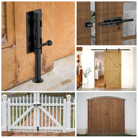 Rugged 7.7 inch sliding bolt latch in 304 stainless steel installed on various doors and gates, showcasing secure closure.