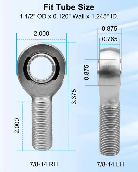 Diagram showing dimensions of 7/8 x 7/8-14 Heim Joint Rod End Kit with Right and Left Hand Threads for steering and suspension.
