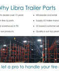 Warehouse with racks and text why Libra Trailer Parts benefits