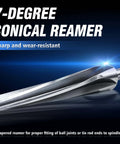 7 Degree Tapered Ball Joint Reamer Tool For One And A Half Inch Pipe Universal Reamer Drill Bit Made Of 6542 High Speed Tool Steel Pro Grade Heavy Duty Reamer For Bridge Construction Steel Erection Fabrication And Automotive Projects, shown in a silver finish.