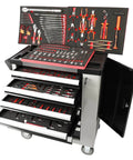 Open 421 Pcs Tool Sets Rolling Box Heavy Duty Stainless Steel Tool Chest with 7 Drawers displaying tools in a workshop setting