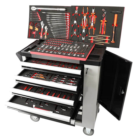 Open 421 Pcs Tool Sets Rolling Box Heavy Duty Stainless Steel Tool Chest with 7 Drawers displaying tools in a workshop setting