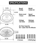 Diagram with specifications for 7 Inch Bathroom Exhaust Fan 50 CFM Quiet 1.0 Sones For 8 Inch Rough In Opening Easy Install