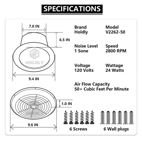 Diagram with specifications for 7 Inch Bathroom Exhaust Fan 50 CFM Quiet 1.0 Sones For 8 Inch Rough In Opening Easy Install