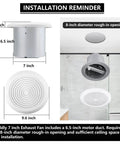Installation diagram of Holdly 7 Inch Bathroom Exhaust Fan 50 CFM Quiet 1.0 Sones For 8 Inch Rough In Opening
