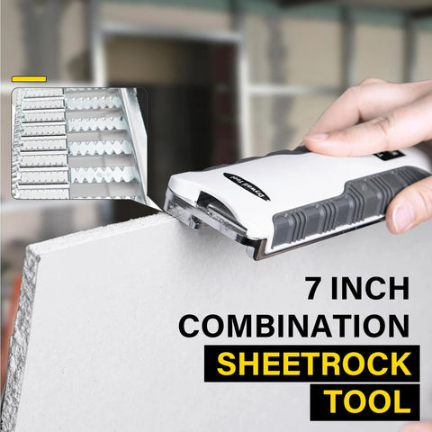 Close-up of 7 Inch Drywall Rasp With BiDirectional Teeth And In Handle Dust Collection trimming sheetrock edge.