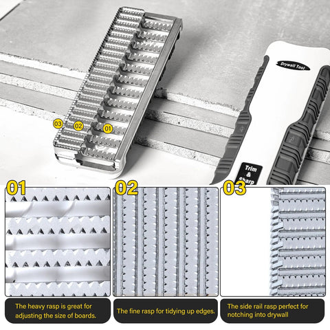7 Inch Drywall Rasp With BiDirectional Teeth And In Handle Dust Collection For Precise Edge Work Corner Fitting And Quick Trimming Of Sheetrock Panels Ideal For Contractors And DIY Remodelers Seeking Clean Accurate Finishing, shown with close-up on heavy and fine rasp teeth.