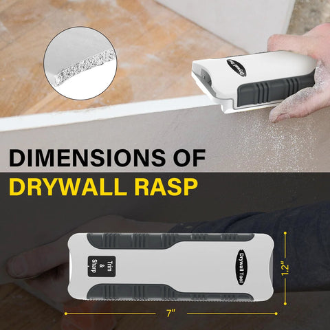 7 Inch Drywall Rasp With BiDirectional Teeth And In Handle Dust Collection shown during sheetrock trimming