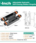 Concealed hydraulic 7-inch door hinges deliver smooth self-closing action with adjustable tension, shown with dimensions and specs.