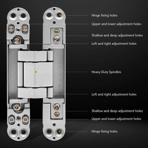 7 Inch Invisible Door Hinges 2 Pack Heavy Duty 3D Adjustable 180 Degree Swing Concealed Door Hinge in Silver with labels