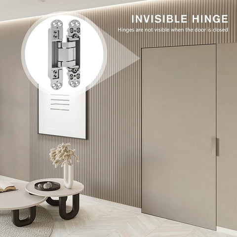 7 Inch Invisible Door Hinges 2 Pack Heavy Duty 3D Adjustable 180 Degree Swing Concealed Door Hinge in Silver installed on door