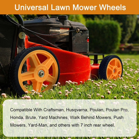 7 Inch Lawn Mower Wheels for Push Mowers attached to red lawn mower on grass