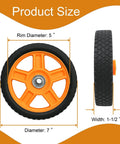 7 Inch Lawn Mower Wheels for Push Mowers, Plastic PU Wheels with Bolts & Nuts, 7x1-1/2 Size, side and front view with dimensions