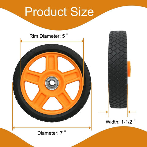 7 Inch Lawn Mower Wheels for Push Mowers, Plastic PU Wheels with Bolts & Nuts, 7x1-1/2 Size, side and front view with dimensions