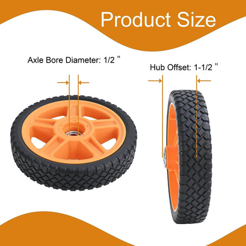 7 Inch Lawn Mower Wheels for Push Mowers, Plastic PU Wheels with Bolts & Nuts, 7x1-1/2 Size, 1/2 Inch Bore, side and front view