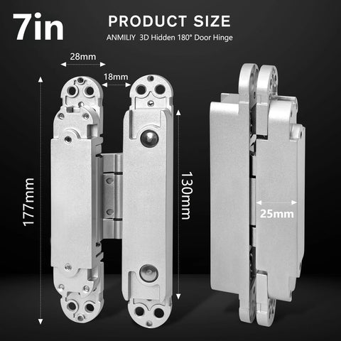 7 Inch Invisible Door Hinges 2 Pack Heavy Duty 3D Adjustable 180 Degree Swing Concealed Door Hinge in Silver