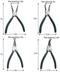 4 pc 7 inch snap ring pliers set with internal and external straight and bent jaws, showing measurements and black handles.