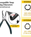 7 inch snap ring pliers set 4 pcs internal & external straight and bent jaw with compatible diameters diagram