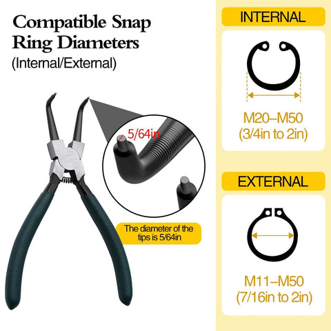 7 inch snap ring pliers set 4 pcs internal & external straight and bent jaw with compatible diameters diagram