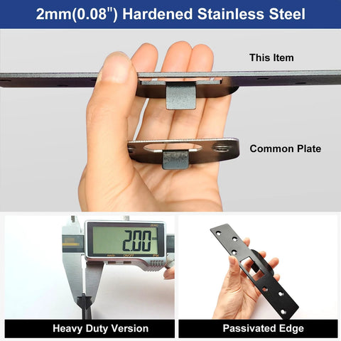 Extra Long 7 Inch Heavy Duty Door Strike Plate Repair Kit With Oversized Striker comparing thickness to common plate
