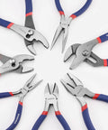 7-Piece Pliers Set With Groove Joint, Long Nose, Slip Joint, Linesman And Diagonal Pliers For DIY And Home Use, arranged in a circle
