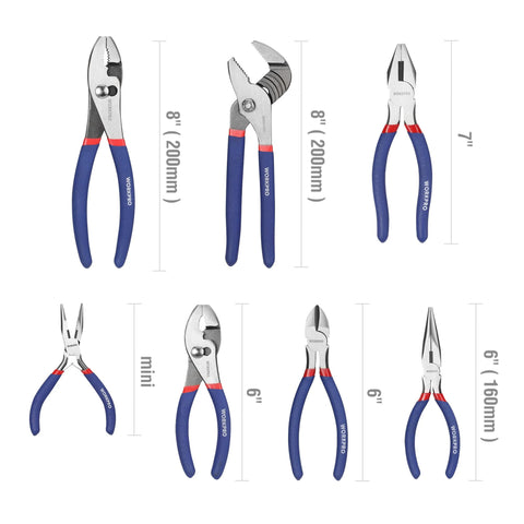 7-Piece Pliers Set With Groove Joint, Long Nose, Slip Joint, Linesman And Diagonal Pliers for DIY and Home Use, displayed