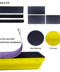 7 Piece Hand Sanding Block Set With Interchangeable Pads for auto body polishing, showing block sizes and hook-and-loop feature.