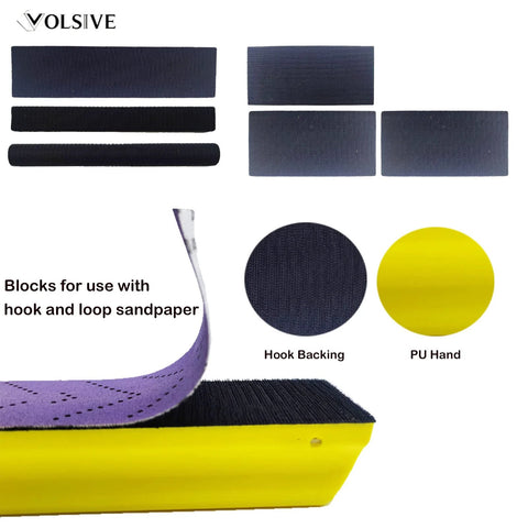 7 Piece Hand Sanding Block Set With Interchangeable Pads for auto body polishing, showing block sizes and hook-and-loop feature.