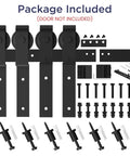 Components of 7.5 Feet Bypass Sliding Barn Door Hardware Kit for Double Wooden Doors with Single Track, shown with screws and brackets.