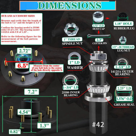 Diagram showing dimensions and components of 7000 Lb Trailer Hub Kit With 8 Lug 6.5 Inch Axle, including bearings and assembly parts.