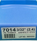 Box of 7014 Welding Rod 3 32nd Inch Electrodes 5 Lb for Carbon Steel, showing label with specifications and lot number.