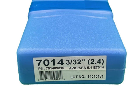 Box of 7014 Welding Rod 3 32nd Inch Electrodes 5 Lb for Carbon Steel, showing label with specifications and lot number.