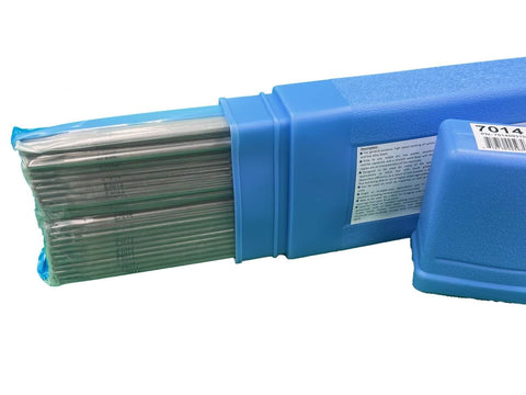 7014 Welding Rod 3 32nd Inch Electrodes 5 lb Box For Carbon Steel in blue packaging, partial view