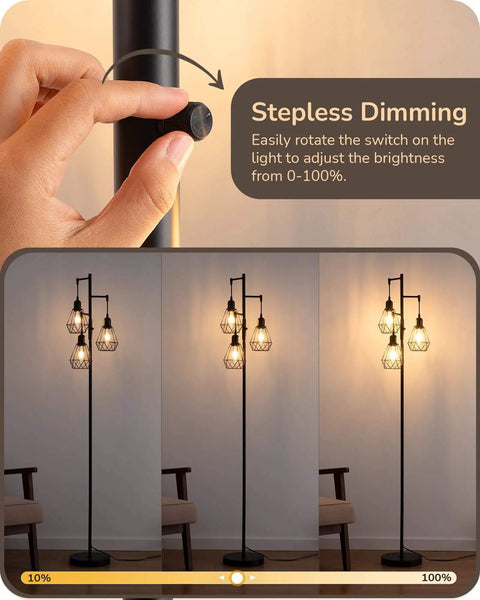 70 Inch Farmhouse Floor Lamp With Diamond Cage Shade And Dimmable Lighting Includes Three LED Edison Bulbs Rustic Tree Corner Accent For Living Room Bedroom Or Office Black Finish Modern Cozy Vibe Lighting with stepless dimming feature displayed.