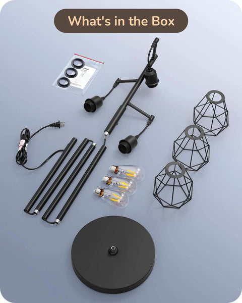 Components of 70 Inch Farmhouse Floor Lamp With Diamond Cage Shade And Dimmable Lighting Includes Three LED Edison Bulbs