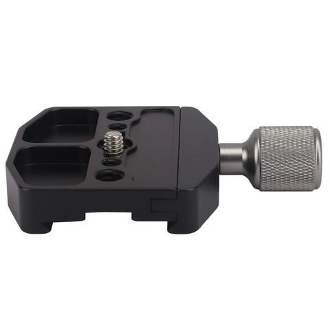 70mm Quick Release Clamp For Arca Swiss Style Plates, CNC Anodized Aluminum Construction, side view, knob lock visible